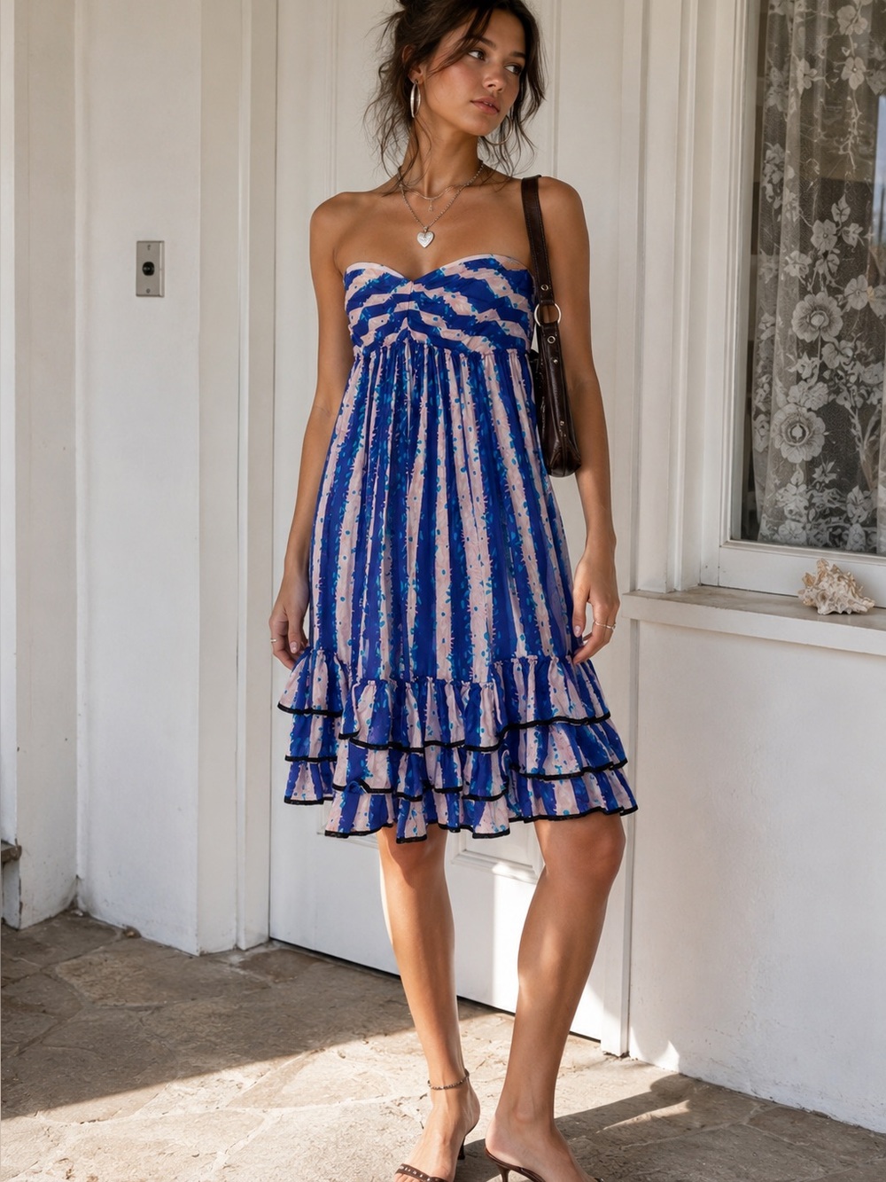 Betsey Johnson Strapless Blue and Lilac Ruffled Dress vintage Y2K